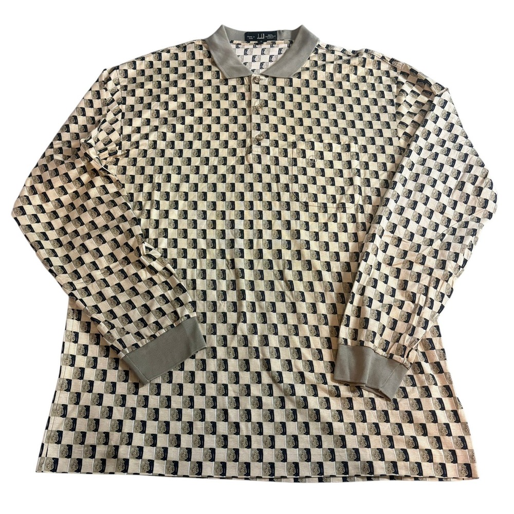Dunhill Polo Shirt XL Beige Checkerboard Crest Long Sleeve Italy XY0010Z